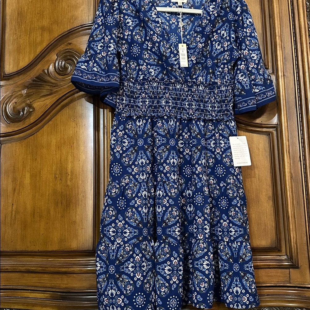 NEW Max Studio Blue White Flutter Sleeve Flirty Midi Dress Size Small - Picture 9 of 12